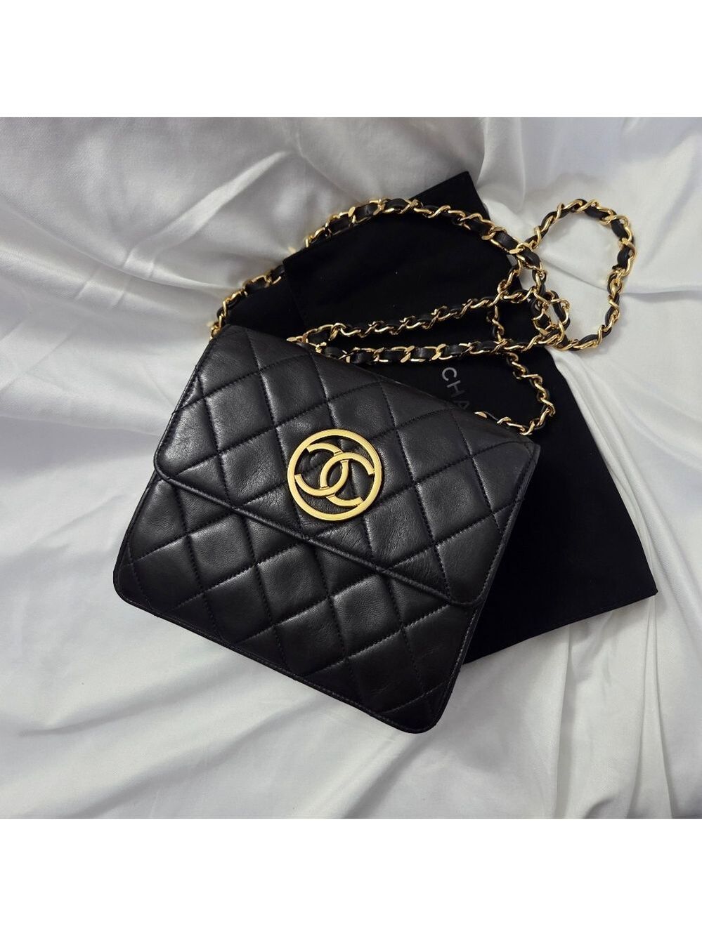 Chanel Vintage Black Quilted Leather Round Flap Bag